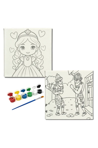 dudugift OKUL Etkinliği-2'li Tuval Boyama Seti. 20x20 Cm Uv Baskı 6 Akrilik Boya 1 Fırça-model-340