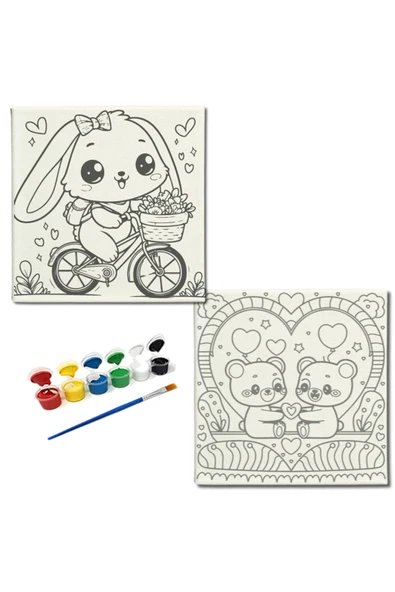 dudugift OKUL Etkinliği-2'li Tuval Boyama Seti. 20x20 Cm Uv Baskı 6 Akrilik Boya 1 Fırça-model-229