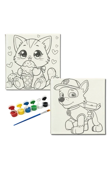 dudugift OKUL Etkinliği-2'li Tuval Boyama Seti. 20x20 Cm Uv Baskı 6 Akrilik Boya 1 Fırça-model-241