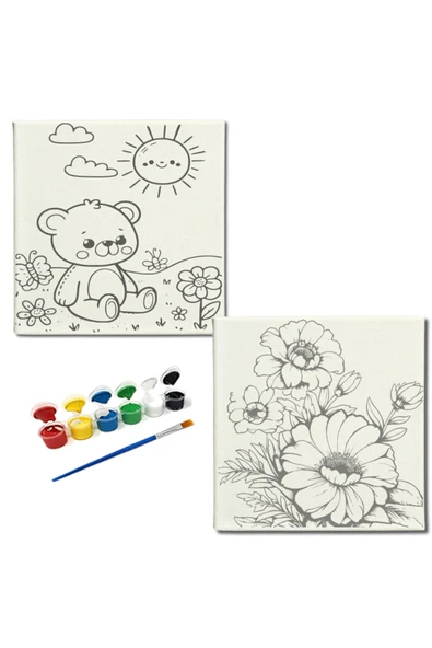 dudugift OKUL Etkinliği-2'li Tuval Boyama Seti. 20x20 Cm Uv Baskı 6 Akrilik Boya 1 Fırça-model-266 ürün görseli