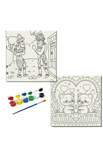 dudugift OKUL Etkinliği-2'li Tuval Boyama Seti. 20x20 Cm Uv Baskı 6 Akrilik Boya 1 Fırça-model-204