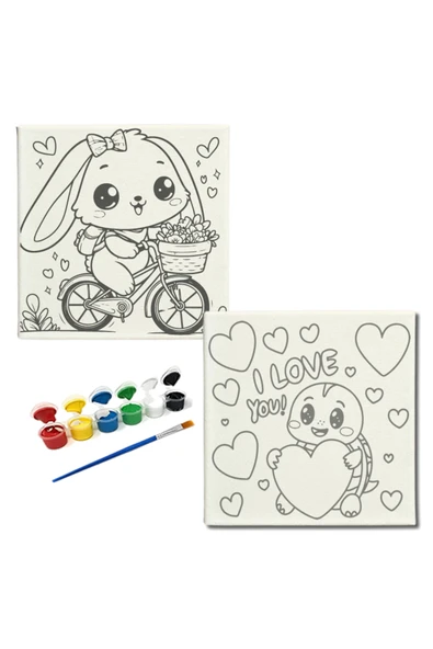 dudugift OKUL Etkinliği-2'li Tuval Boyama Seti. 20x20 Cm Uv Baskı 6 Akrilik Boya 1 Fırça-model-394