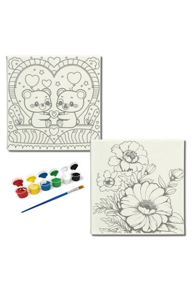 dudugift OKUL Etkinliği-2'li Tuval Boyama Seti. 20x20 Cm Uv Baskı 6 Akrilik Boya 1 Fırça-model-303