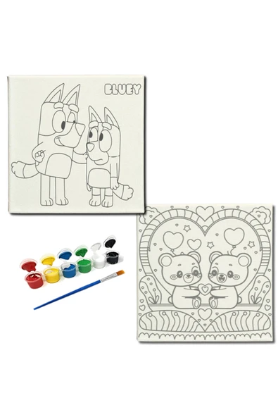 dudugift OKUL Etkinliği-2'li Tuval Boyama Seti. 20x20 Cm Uv Baskı 6 Akrilik Boya 1 Fırça-model-230