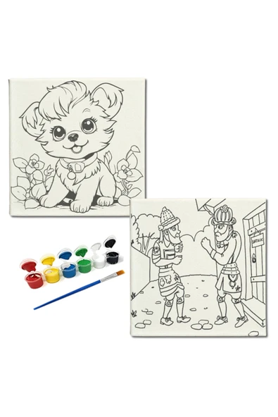 dudugift OKUL Etkinliği-2'li Tuval Boyama Seti. 20x20 Cm Uv Baskı 6 Akrilik Boya 1 Fırça-model-363