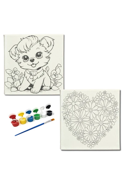 dudugift OKUL Etkinliği-2'li Tuval Boyama Seti. 20x20 Cm Uv Baskı 6 Akrilik Boya 1 Fırça-model-251