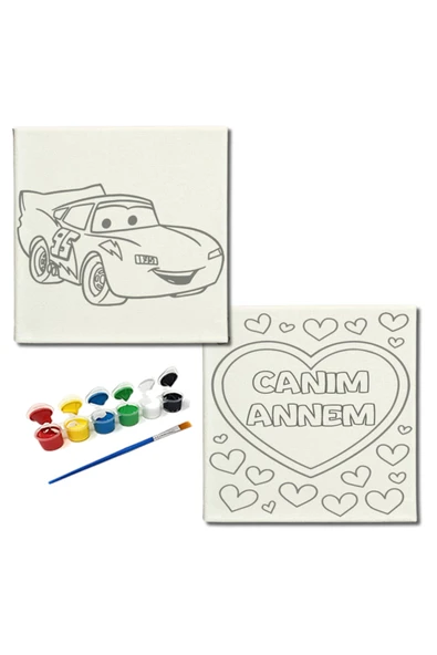 dudugift OKUL Etkinliği-2'li Tuval Boyama Seti. 20x20 Cm Uv Baskı 6 Akrilik Boya 1 Fırça-model-305