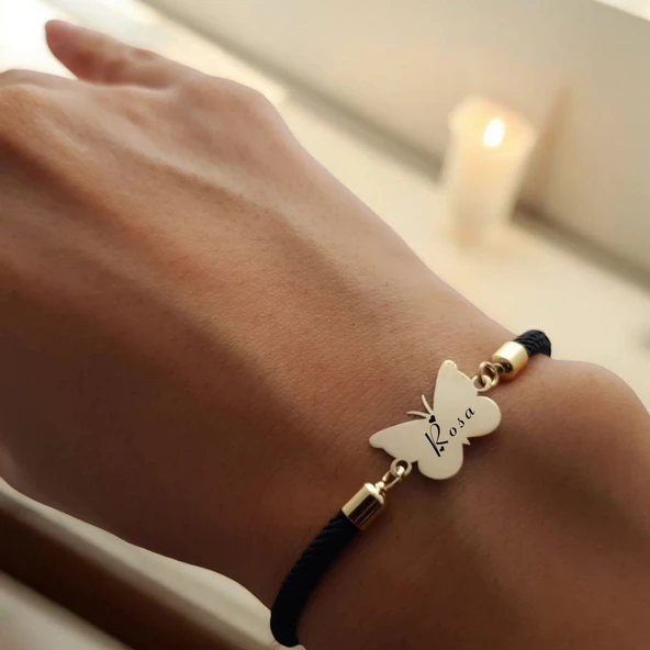 İsme Özel Kelebek Figürlü Siyah İpek Örgülü 14 Ayar Altın Plakalı Hediye Bileklik-480 - Resim 2