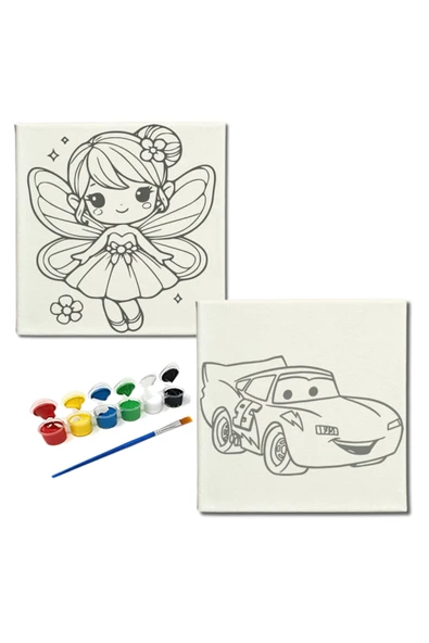 dudugift OKUL Etkinliği-2'li Tuval Boyama Seti. 20x20 Cm Uv Baskı 6 Akrilik Boya 1 Fırça-model-376