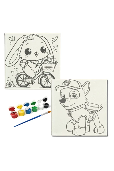 dudugift OKUL Etkinliği-2'li Tuval Boyama Seti. 20x20 Cm Uv Baskı 6 Akrilik Boya 1 Fırça-model-409