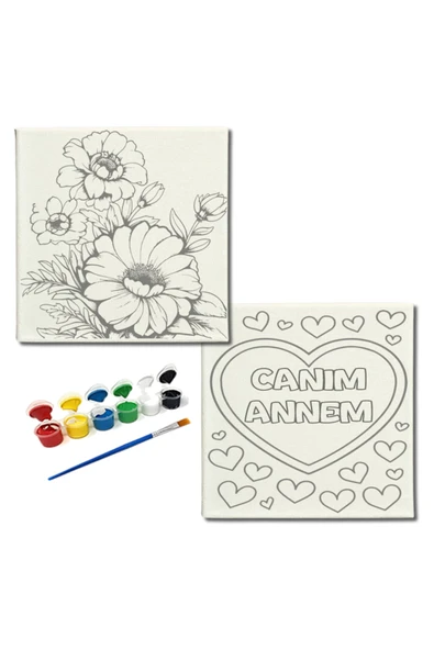 dudugift OKUL Etkinliği-2'li Tuval Boyama Seti. 20x20 Cm Uv Baskı 6 Akrilik Boya 1 Fırça-model-304