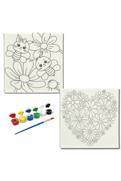 dudugift OKUL Etkinliği-2'li Tuval Boyama Seti. 20x20 Cm Uv Baskı 6 Akrilik Boya 1 Fırça-model-261 - 1