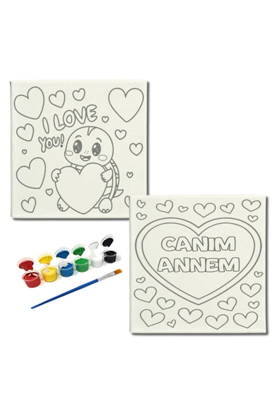 dudugift OKUL Etkinliği-2'li Tuval Boyama Seti. 20x20 Cm Uv Baskı 6 Akrilik Boya 1 Fırça-model-302