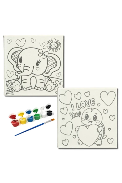 dudugift OKUL Etkinliği-2'li Tuval Boyama Seti. 20x20 Cm Uv Baskı 6 Akrilik Boya 1 Fırça-model-389