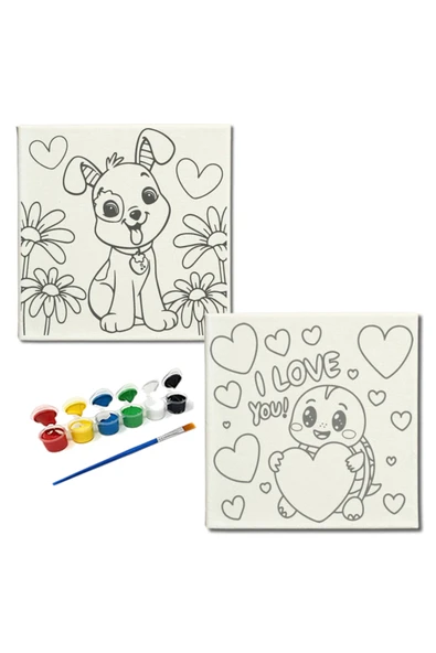 dudugift OKUL Etkinliği-2'li Tuval Boyama Seti. 20x20 Cm Uv Baskı 6 Akrilik Boya 1 Fırça-model-384