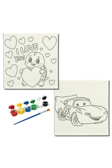 dudugift OKUL Etkinliği-2'li Tuval Boyama Seti. 20x20 Cm Uv Baskı 6 Akrilik Boya 1 Fırça-model-378