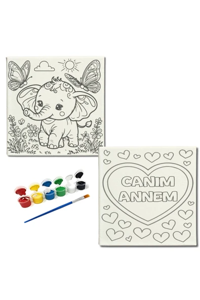dudugift OKUL Etkinliği-2'li Tuval Boyama Seti. 20x20 Cm Uv Baskı 6 Akrilik Boya 1 Fırça-model-236 - 1