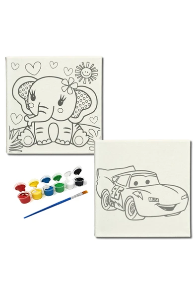 dudugift OKUL Etkinliği-2'li Tuval Boyama Seti. 20x20 Cm Uv Baskı 6 Akrilik Boya 1 Fırça-model-367