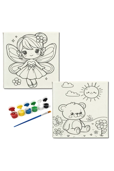 dudugift OKUL Etkinliği-2'li Tuval Boyama Seti. 20x20 Cm Uv Baskı 6 Akrilik Boya 1 Fırça-model-178