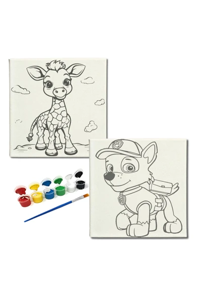 dudugift OKUL Etkinliği-2'li Tuval Boyama Seti. 20x20 Cm Uv Baskı 6 Akrilik Boya 1 Fırça-model-392