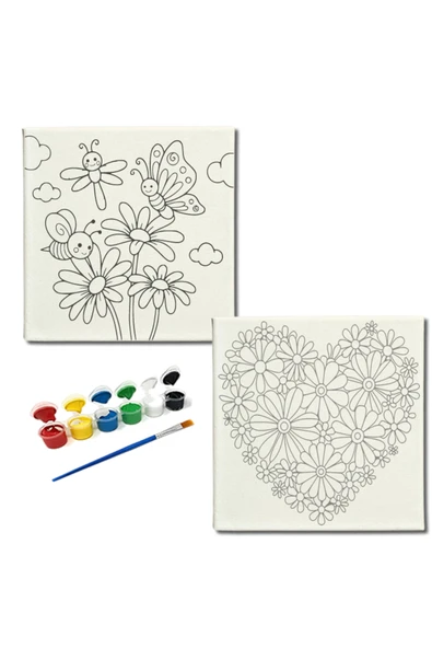 dudugift OKUL Etkinliği-2'li Tuval Boyama Seti. 20x20 Cm Uv Baskı 6 Akrilik Boya 1 Fırça-model-253