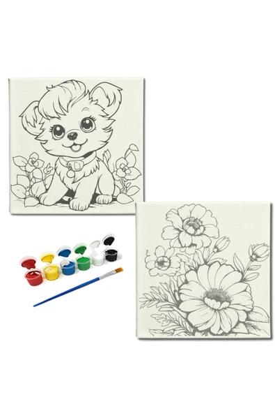 dudugift OKUL Etkinliği-2'li Tuval Boyama Seti. 20x20 Cm Uv Baskı 6 Akrilik Boya 1 Fırça-model-275 ürün görseli