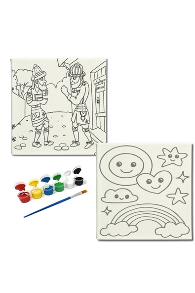 dudugift OKUL Etkinliği-2'li Tuval Boyama Seti. 20x20 Cm Uv Baskı 6 Akrilik Boya 1 Fırça-model-289 - 1