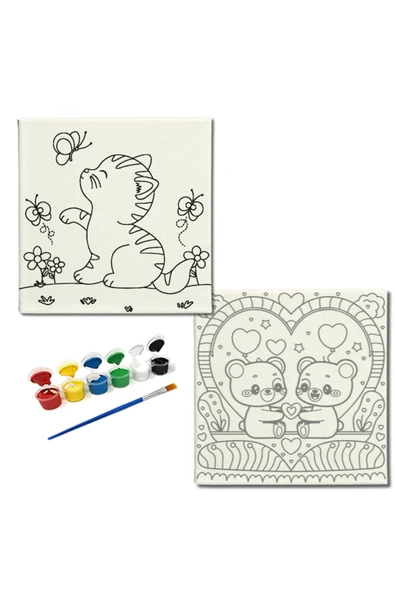 dudugift OKUL Etkinliği-2'li Tuval Boyama Seti. 20x20 Cm Uv Baskı 6 Akrilik Boya 1 Fırça-model-205 - 1