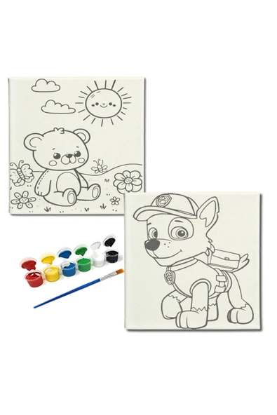 dudugift OKUL Etkinliği-2'li Tuval Boyama Seti. 20x20 Cm Uv Baskı 6 Akrilik Boya 1 Fırça-model-405