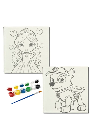 dudugift OKUL Etkinliği-2'li Tuval Boyama Seti. 20x20 Cm Uv Baskı 6 Akrilik Boya 1 Fırça-model-330