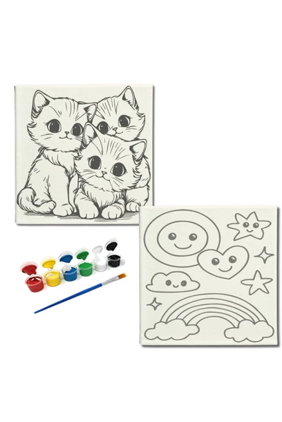dudugift OKUL Etkinliği-2'li Tuval Boyama Seti. 20x20 Cm Uv Baskı 6 Akrilik Boya 1 Fırça-model-287 - 1