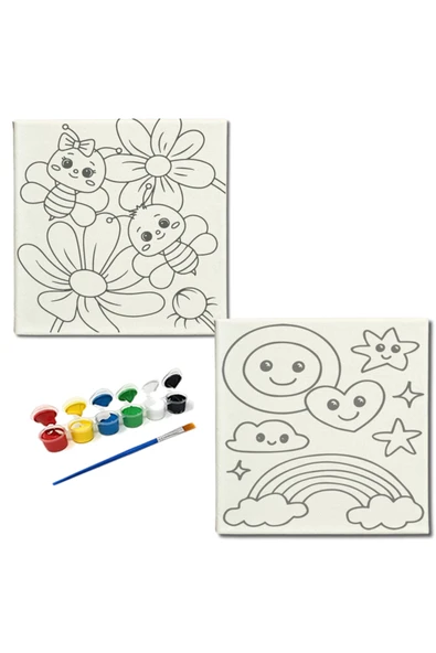 dudugift OKUL Etkinliği-2'li Tuval Boyama Seti. 20x20 Cm Uv Baskı 6 Akrilik Boya 1 Fırça-model-293 ürün görseli