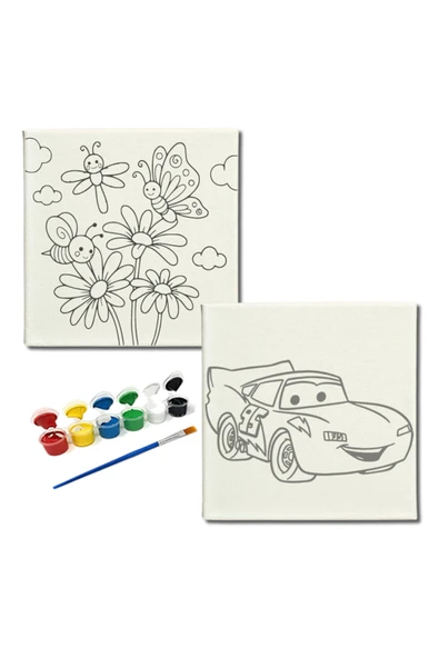 dudugift OKUL Etkinliği-2'li Tuval Boyama Seti. 20x20 Cm Uv Baskı 6 Akrilik Boya 1 Fırça-model-372 ürün görseli