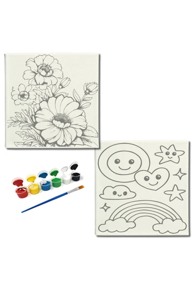 dudugift OKUL Etkinliği-2'li Tuval Boyama Seti. 20x20 Cm Uv Baskı 6 Akrilik Boya 1 Fırça-model-298