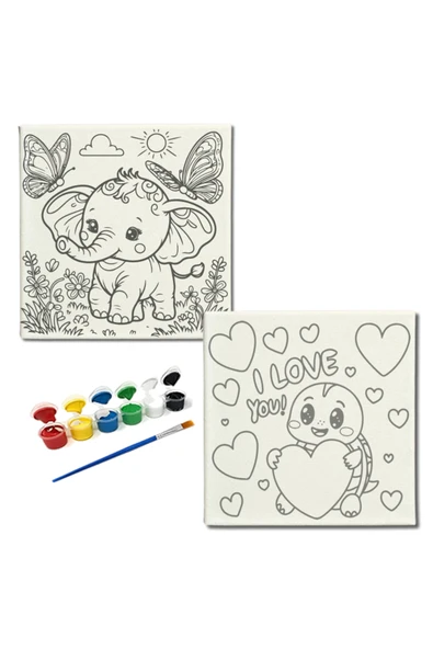 dudugift OKUL Etkinliği-2'li Tuval Boyama Seti. 20x20 Cm Uv Baskı 6 Akrilik Boya 1 Fırça-model-393