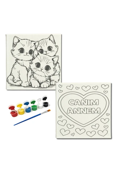 dudugift OKUL Etkinliği-2'li Tuval Boyama Seti. 20x20 Cm Uv Baskı 6 Akrilik Boya 1 Fırça-model-239 - 1