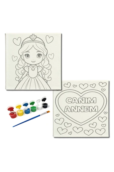 dudugift OKUL Etkinliği-2'li Tuval Boyama Seti. 20x20 Cm Uv Baskı 6 Akrilik Boya 1 Fırça-model-301