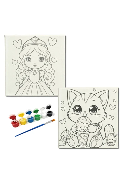 dudugift OKUL Etkinliği-2'li Tuval Boyama Seti. 20x20 Cm Uv Baskı 6 Akrilik Boya 1 Fırça-model-336