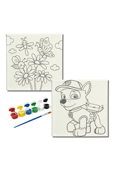 dudugift OKUL Etkinliği-2'li Tuval Boyama Seti. 20x20 Cm Uv Baskı 6 Akrilik Boya 1 Fırça-model-400