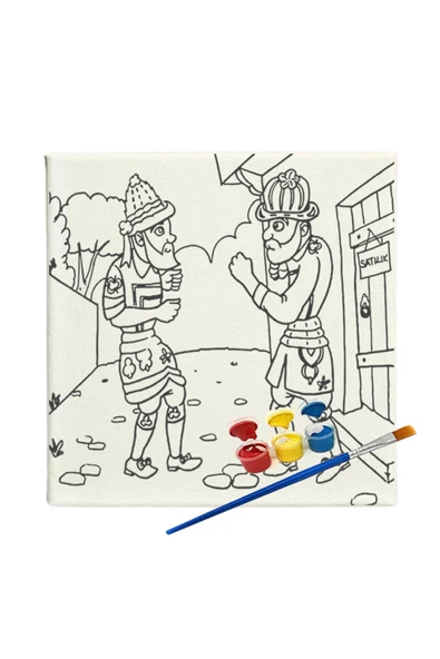 dudugift OKUL Etkinliği 20x20 Resimli Tuval Çocuk Boyama Seti-HACİVAT KARAGÖZ_model16 resimli 3 boya 1 fırça