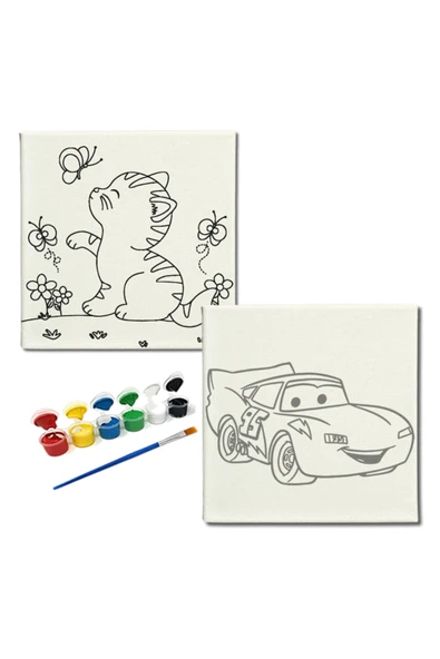 dudugift OKUL Etkinliği-2'li Tuval Boyama Seti. 20x20 Cm Uv Baskı 6 Akrilik Boya 1 Fırça-model-369