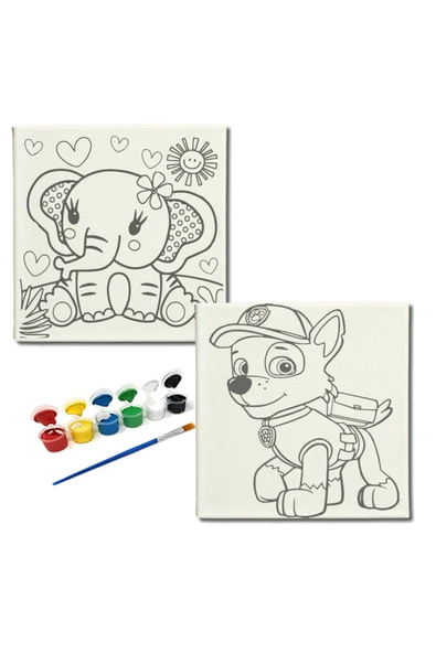 dudugift OKUL Etkinliği-2'li Tuval Boyama Seti. 20x20 Cm Uv Baskı 6 Akrilik Boya 1 Fırça-model-404