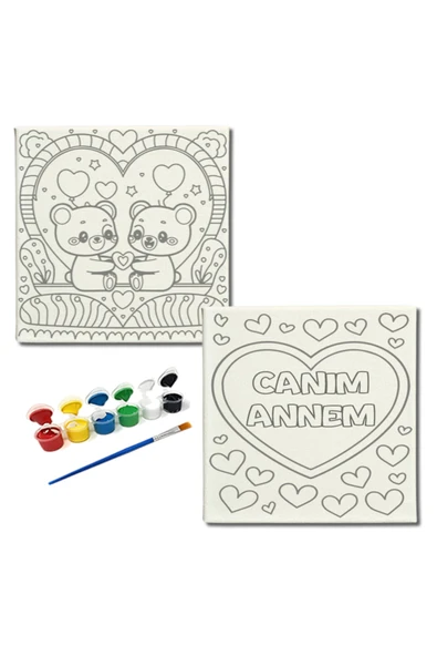 dudugift OKUL Etkinliği -2'li Tuval Boyama Seti. 20x20 Cm Uv Baskı 6 Akrilik Boya 1 Fırça-model-214