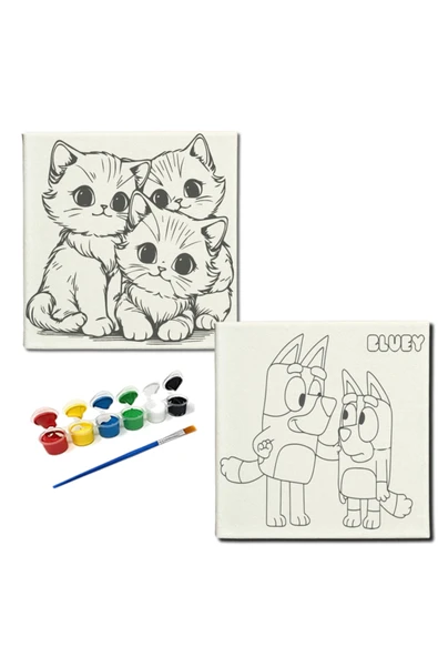 dudugift OKUL Etkinliği-2'li Tuval Boyama Seti. 20x20 Cm Uv Baskı 6 Akrilik Boya 1 Fırça-model-222 ürün görseli