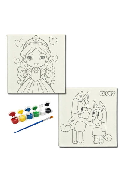 dudugift OKUL Etkinliği-2'li Tuval Boyama Seti. 20x20 Cm Uv Baskı 6 Akrilik Boya 1 Fırça-model-309