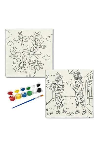 dudugift OKUL Etkinliği -2'li Tuval Boyama Seti. 20x20 Cm Uv Baskı 6 Akrilik Boya 1 Fırça-model-361 - 1