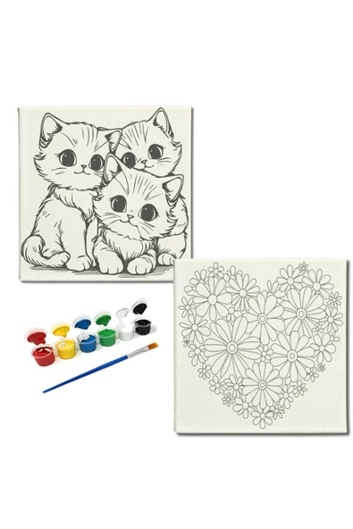 dudugift OKUL Etkinliği-2'li Tuval Boyama Seti. 20x20 Cm Uv Baskı 6 Akrilik Boya 1 Fırça-model-255 - 1