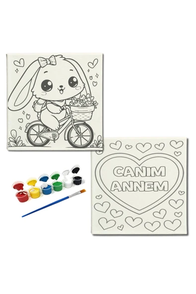 dudugift OKUL Etkinliği-2'li Tuval Boyama Seti. 20x20 Cm Uv Baskı 6 Akrilik Boya 1 Fırça-model-315