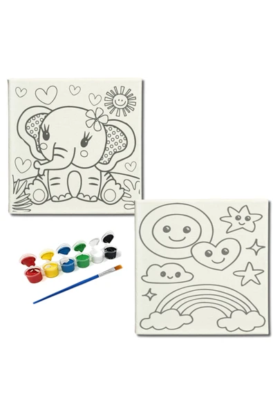 dudugift OKUL Etkinliği-2'li Tuval Boyama Seti. 20x20 Cm Uv Baskı 6 Akrilik Boya 1 Fırça-model-291