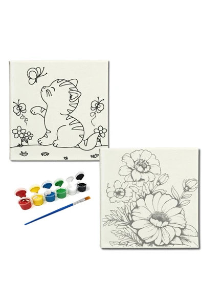 dudugift OKUL Etkinliği-2'li Tuval Boyama Seti. 20x20 Cm Uv Baskı 6 Akrilik Boya 1 Fırça-model-270